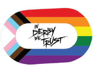 the rainbow derby track logo and the words In Derby We Trust inside found on the new merch